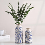 VICTOR & TERESA Blue and White Ceramic Vases Home Decor, Farmhouse Vase for Flowers, Flower Vase Set of 2, Rustic Decorative Vases for Pampas Grass, Table, Living Room, Shelf, Centerpieces, 8 inch