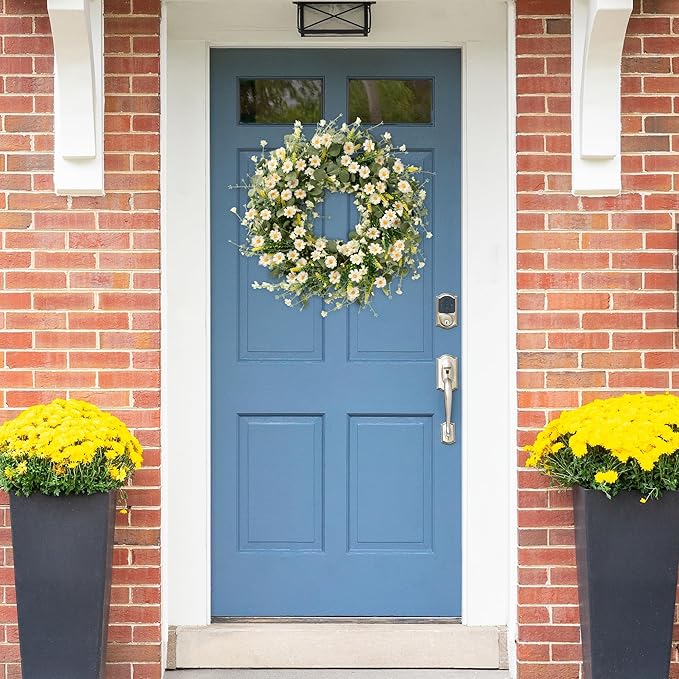 Sggvecsy White Daisy Wreath 24 Inch with Fake Silk Floral Green Eucalyptus Leaves and Lavender for Spring Summer Front Door Window Wall Wedding Farmhouse Festival Decor