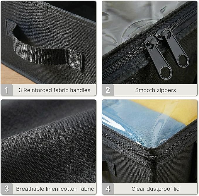 2-Pack Under Bed Storage, 6 Inches Tall Closet Organizers and Storage Bins with Sturdy Sidewalls/Bottom/4 Handles, Black