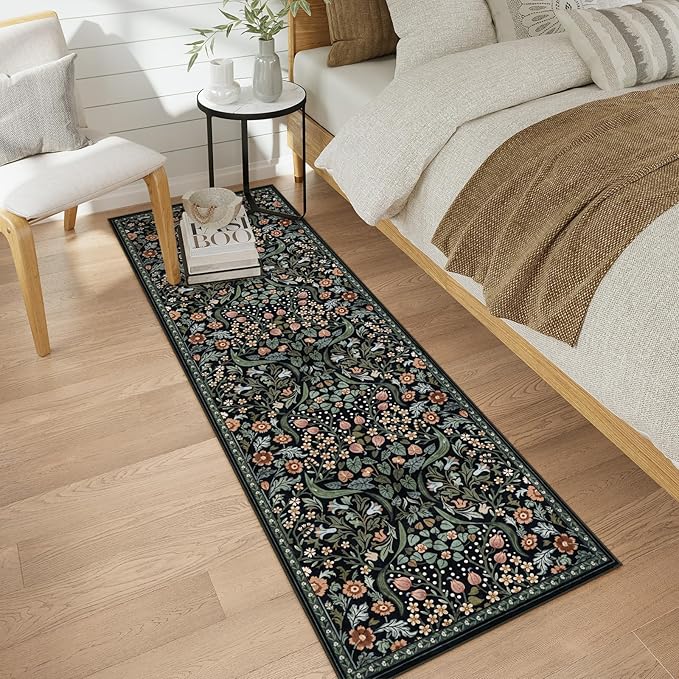 Moynesa Floral Kitchen Runner Rug, 2x6 Runners for Hallways 6ft Non Slip Washable Soft Rug Runners, Boho Botanical Ultra Thin Stain Resistant Carpet Runner for Bathroom Entryway, Black