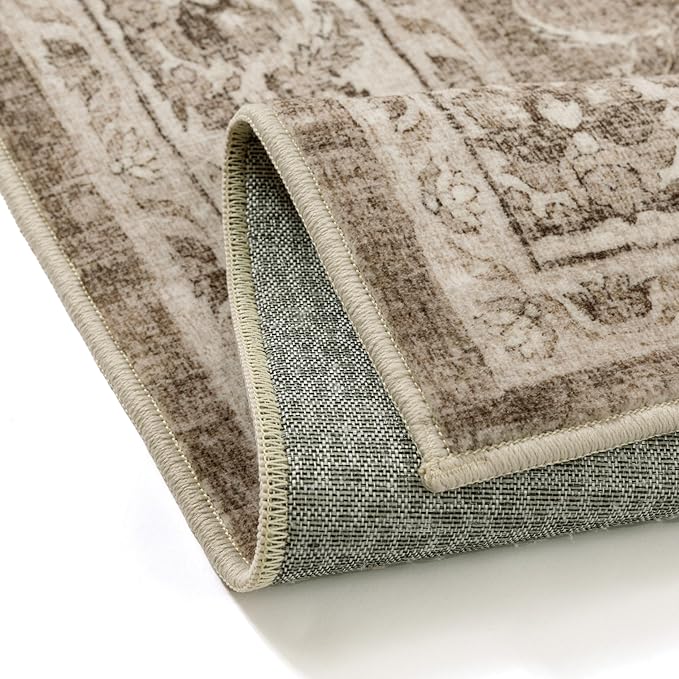 8x10 Area Rug Brown Washable Living Room Vintage Carpet Bedroom Large Non Slip Soft Low Pile Soft Thin Dining Room Office Accent Throw Rug