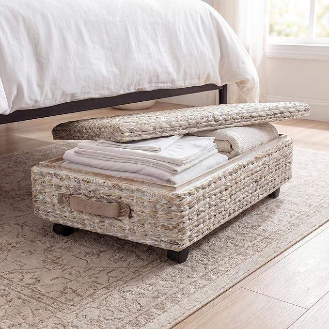 happimess BSK1006C 26.38" Chett Minimalist Hand-Woven Hyacinth/Wood Underbed Storage Bin with Wheels and Handles for Storage and Decoration in Bathroom, Bedroom, Closet,Entryway,Guest Room, White Wash