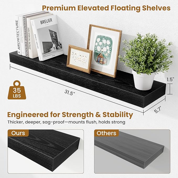 Fun Memories Bathroom Shelves 32 Inch Long Set of 2, Floating Shelves for Wall with Invisible Brackets, for Bedroom, Living Room, Kitchen, Black