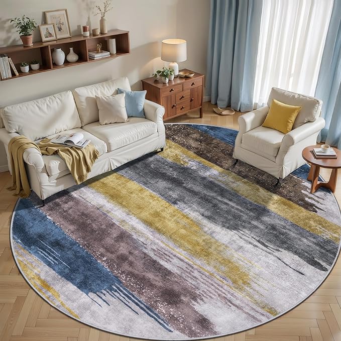 Ciicool 8ft Round Washable Rug, Modern Abstract Circle Rugs, Non-Slip Thin Lightweight Rug Yellow Grey Circular Print Distressed Carpet for Bedroom Living Room Under Dining Table Home Office Decor