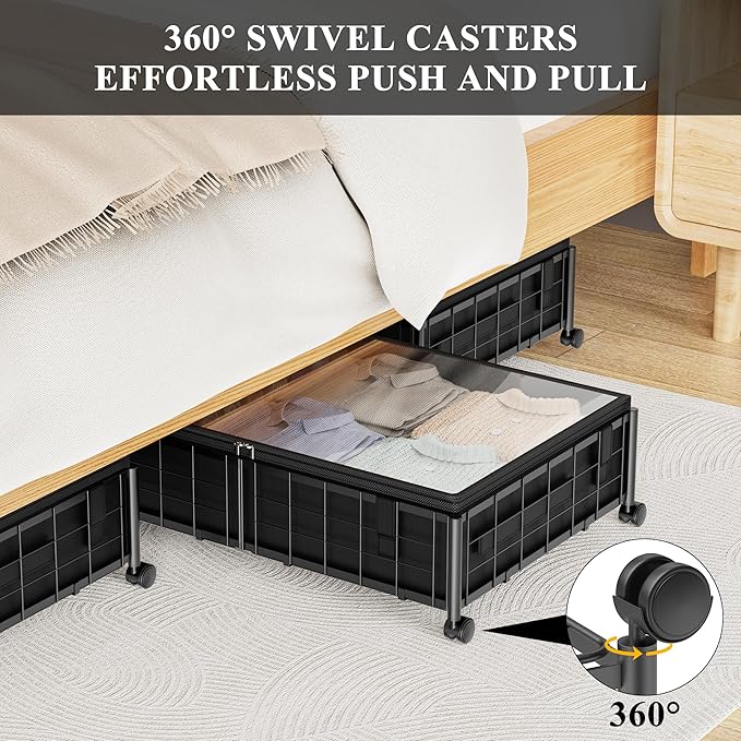 Under Bed Storage with Wheels and Storage Bag, 360° Rolling Under Bed Metal Drawers for Clothes, Blankets, Books and Shoes,Black， 2pack