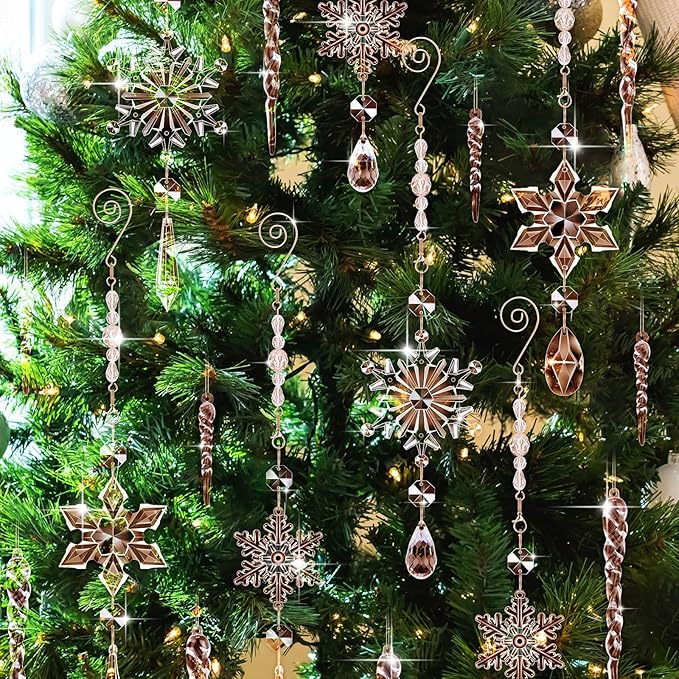 Giegxin 32 Pcs Crystal Christmas Ornaments Crystal Hanging Snowflakes Acrylic Xmas Tree Icicle Drop Decorations with Hooks for Christmas Snow Party Winter(Champagne)
