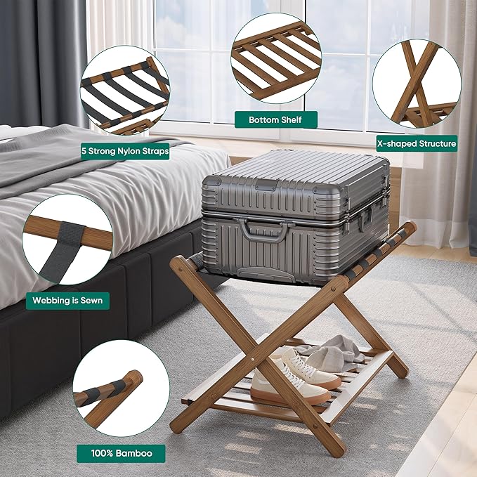 Smuxee Fully Assembled Black Walnut Luggage Rack, Upgraded Bamboo Foldable Suitcase Stand with 5 Nylon Straps, Luggage Holder with Shelf for Guest Room Bedroom Hotel