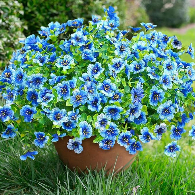 Artificial Flowers for Outdoors Daisy 12 Bundles for Home Decoration, Faux Flower Fake Plants Outside Decoration with Eucalyptus UV Resistant for Planter Porch Patio Yard Garden Blue
