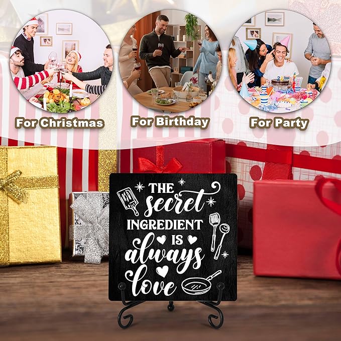 Kitchen Counter Decor, The Secret Ingredient Is Love Sign, Table Decorations for Dining Room, Farmhouse Kitchen Wooden Plaque with Iron Stand for Wall Shelf Decor-A04