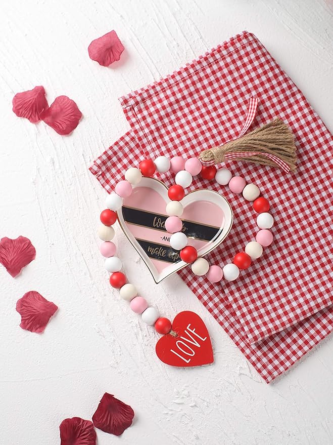 Valentine’s Day Wood Bead Garland with Tassels and Love Heart Shaped Wooden Embellishments Rustic Farmhouse Tiered Tray Wedding Decorations Home Decor (Red & White Love)