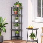 HOOBRO Corner Shelf Stand, Industrial 5-Tier Wall Corner Bookshelf with Metal Frame, Plant Display Shelf, Bookcase for Small Spaces, Bedroom, Living Room, Black BK33CJ01