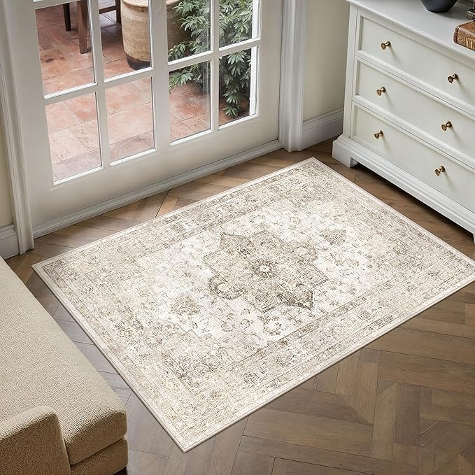 Taupe Area Rug 2x3 Washable Vintage Entryway Carpet Non Slip Retro Distressed Door Mat Low Pile Soft Oriental Medallion Thin Small Throw Rug for Kitchen Bedroom Office Bathroom Laundry