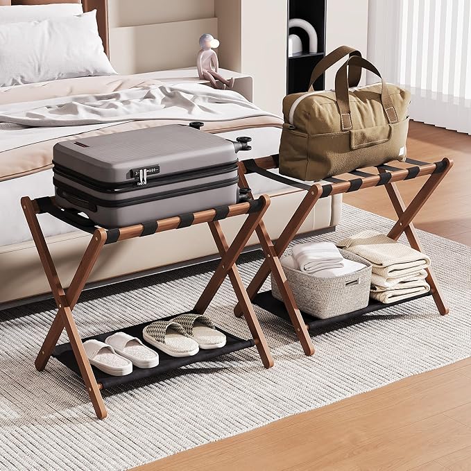 26.77" Full Assembled Luggage Rack for Guest Room, Set of 2 Bamboo Foldable Suitcase Stand, Bedroom & Hotel, Folding Luggage Holder with 5 Nylon Straps, 600D Oxford Fabric Shelf Walnut