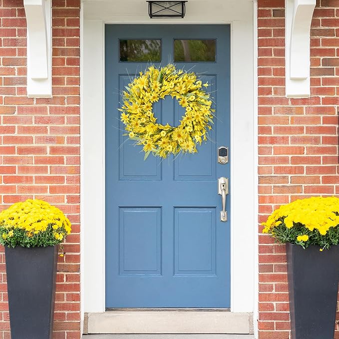 Sggvecsy Spring Wreaths for Front Door 21 Inches Artificial Forsythia Flower Wreath Summer with Yellow Daisy Lavender Green Leaves Silk Floral for Wall Home Indoor Outdoor Decor