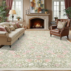 GarveeHome Pink and Green Vintage Floral Washable Rugs 8x10 for Living Room Boho Retro Botanical Rug Low Pile Stain Resistance Non Slip Carpet for Bedroom Nursery Dining Room