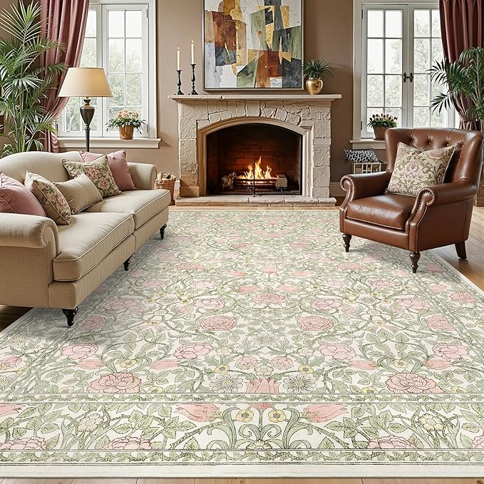 GarveeHome Pink and Green Vintage Floral Washable Rugs 8x10 for Living Room Boho Retro Botanical Rug Low Pile Stain Resistance Non Slip Carpet for Bedroom Nursery Dining Room