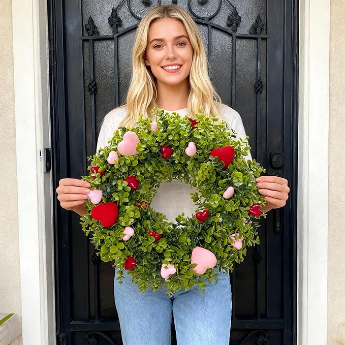 HipTree 18 Inch Spring Mothers Day Heart Wreath for Front Door,Artificial Boxwood Wreath with Flocked Pink & Red Hearts- Romantic for Valentines Day,Anniversary,Wedding,Indoor Outdoor and Wall Decor