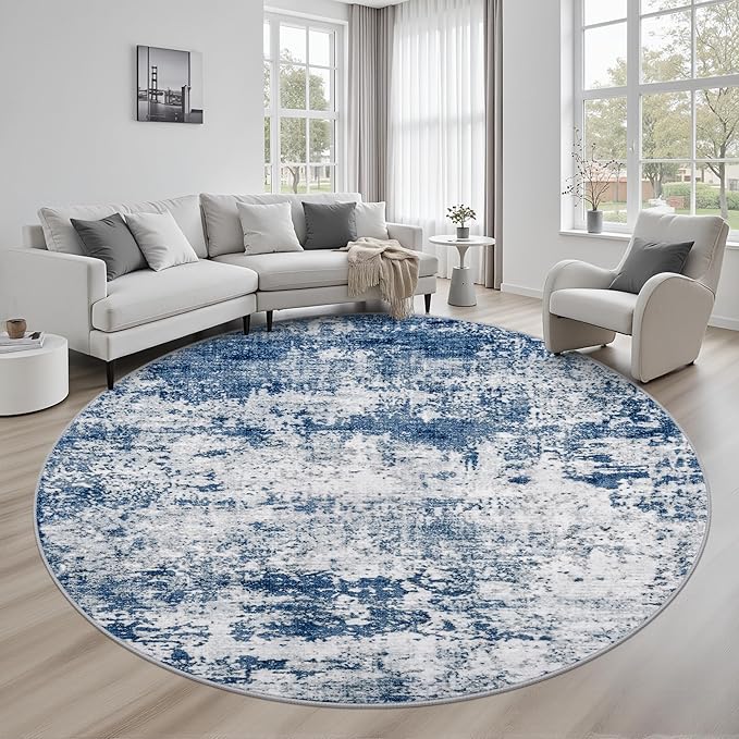 Round Area Rug for Living Room: 8 ft Washable Modern Abstract Soft Thin Rug Indoor Floor No Slip Stain Resistant Carpet for Bedroom Dining Room Farmhouse Nursery Home Office - Blue