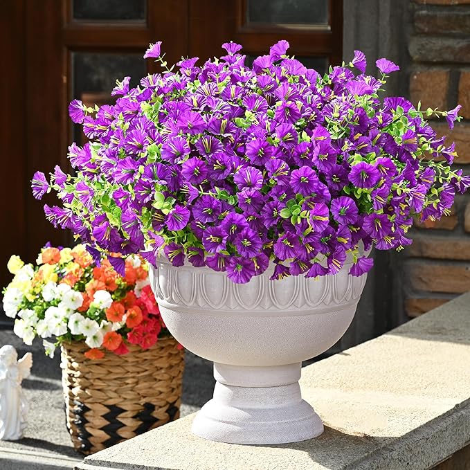 Waipfaru Artificial Flowers for Outdoors, 24 Bundles Faux Plants Outdoor, UV Resistant Artificial Plants Outdoor, Silk Petunias Fake Flowers for Outside Home Decor Planter Porch Decoration, Purple