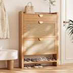 Rattan Shoe Storage Cabinet, Shoe Organizer with 2 Flip Drawers, Narrow Shoe Cabinet, Free Standing Hidden Shoe Storage, Shoe Rack for Entryway/Hallway/Closet, Natural Oak