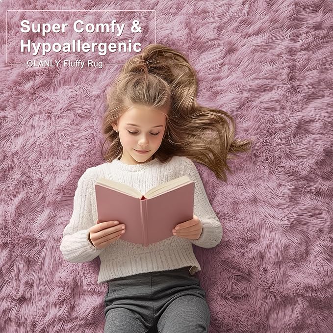 OLANLY 8x10 Machine Washable Large Area Rugs for Living Room, Bedroom, Soft Fluffy Shaggy Bedside Rug, Indoor Floor Carpet for Kids Girls and Boys, Dorms, Nursery, Home Decor Aesthetic, Blush