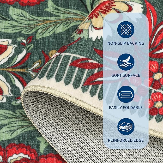 GarveeHome Floral Botanical Washable 9x12 Area Rug for Living Room Soft Grey Green Vintage Boho Cottage Large Rugs Low Pile Carpet for Bedroom Dining Nursery Rug
