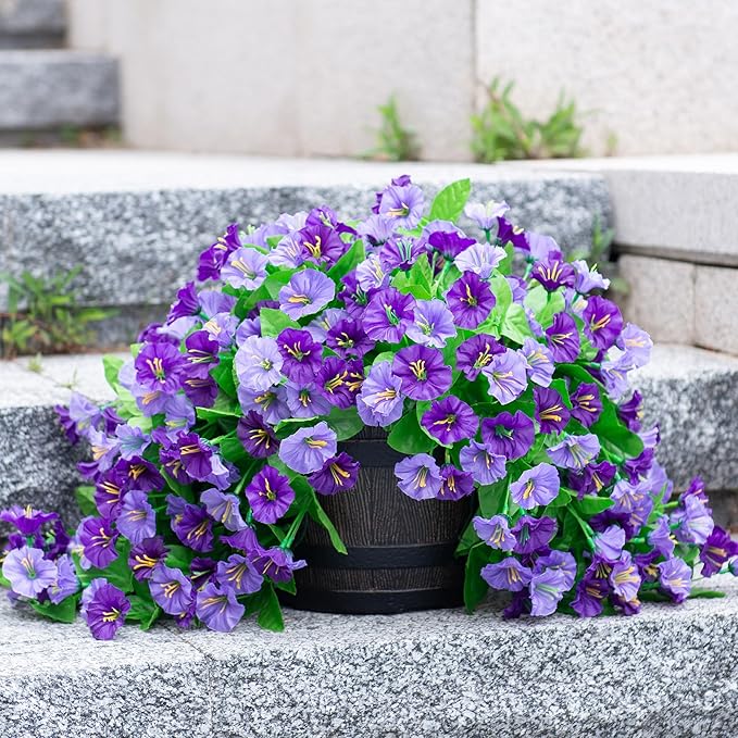 Artificial Fake Hanging Flowers Plants for Outdoor Decoration, 2PCS Faux Silk Morning Glory Long Vines Stems UV Resistant Look Real for Spring Summer Outside Home Porch Patio, Purple
