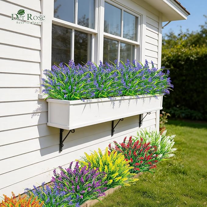 Der Rose 24 Bundles Artificial Flowers for Outdoors Fake Lavender Flowers UV Resistant Faux Plants Monkey Grass for Garden Porch Fence Patio Window Box Decor（Purple）