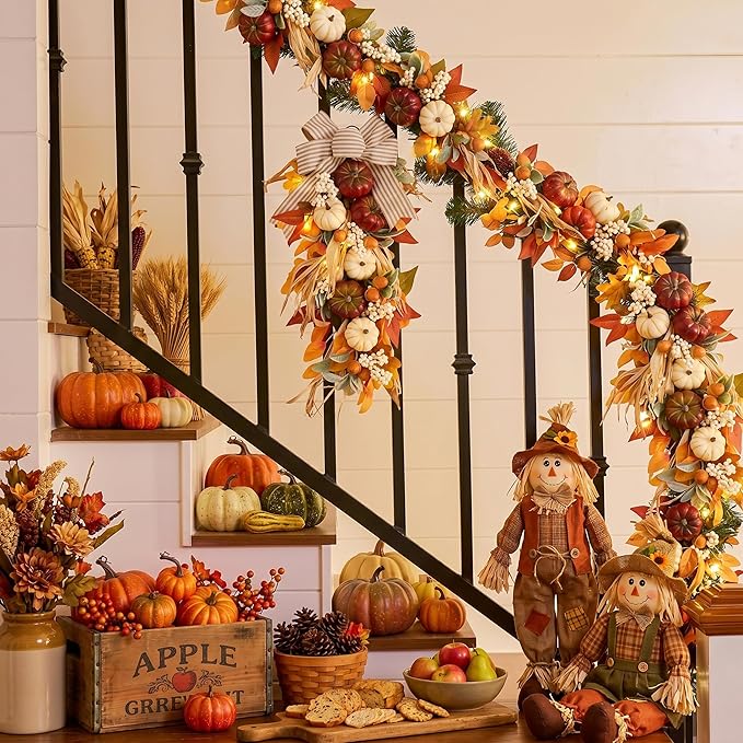 Valery Madelyn 24 inch Fall Pumpkin Teardrop Swag Autumn Harvest Door Hanger with Striped Bow, Mini Pumpkins, Eucalyptus, Raffia & Berry Sprays for Front Door, Mantel Thanksgiving Table Centerpiece