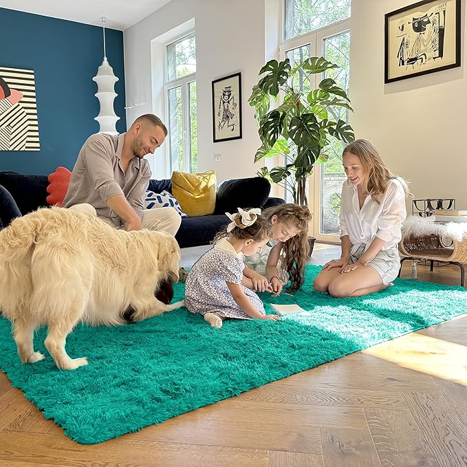 OLANLY 2x6 Machine Washable Runner Rugs for Hallway, Soft Fluffy Shaggy Bedside Rugs for Bedroom, Living Room, Indoor Floor Carpet for Kids Girls and Boys, Home Decor Aesthetic, Teal Green