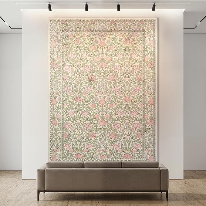 GarveeHome Pink and Green Vintage Floral Washable Rugs 6x9 for Living Room Boho Retro Botanical Rug Low Pile Stain Resistance Non Slip Carpet for Bedroom Nursery Dining Room