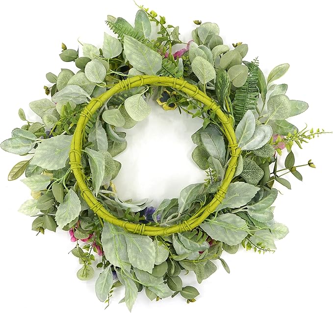 Artificial Spring Summer Wreath with Pansy Flowers,Flocked Lamb Ear Leaves,Eucalyptus Leaves,Fern Branches for Front Door Indoor Outdoor Farmhouse Wall Holiday Decor, White Gift Box Included