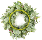 Artificial Spring Summer Wreath with Pansy Flowers,Flocked Lamb Ear Leaves,Eucalyptus Leaves,Fern Branches for Front Door Indoor Outdoor Farmhouse Wall Holiday Decor, White Gift Box Included