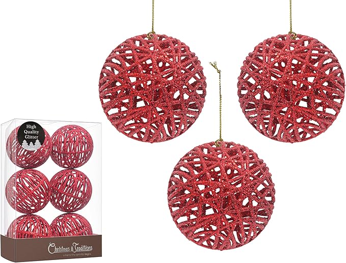 Christmas Traditions 4 inch Christmas Red Glittered Rattan Christmas Ball Ornaments Hanging Tree Decorations (Set of 6)(Christmas Red)