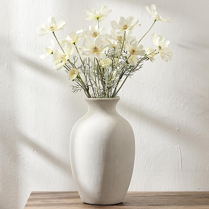 Large Ceramic Rustic Flower Vase, 10.43 Inch Tall Vintage Pottery Home Decor, Antique Farmhouse Terracotta Vase for Living Room, Shelf, Table, Mantel Decoration, Farmhouse - Off-White