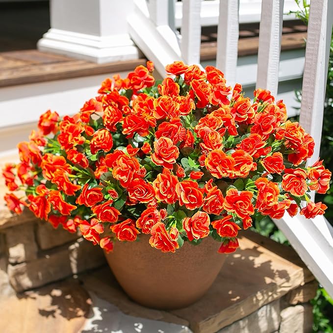 HyeFlora Artificial Faux Outdoor Outside Flowers Plants For Spring Decor, Fake Silk Orange Camellia UV Resistant Look Real for Autumn Planter Front Door Porch Patio Balcony Decoration, 3 Large Bundles
