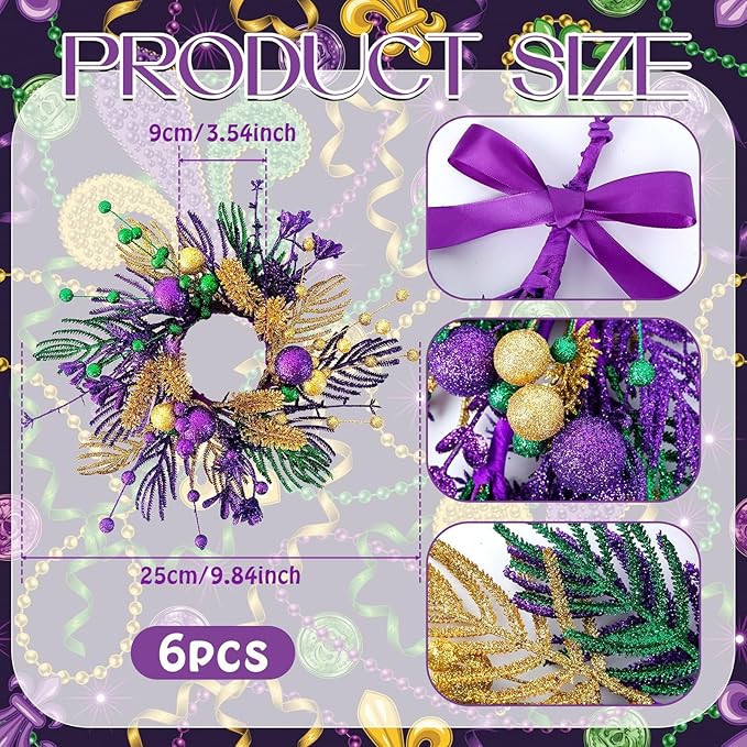 6 PCS Mardi Gras Purple and Green Glitter Mini Cabinet Wreaths for Front Door Carnival Party Decor Wreath Mardi Gras Hanging Garlands Candle Rings for Front Door Home Window Chair Wall Indoor Outdoor