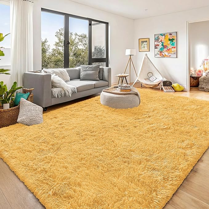 OLANLY 9x12 Machine Washable Large Area Rugs for Living Room, Bedroom, Soft Fluffy Shaggy Bedside Rug, Indoor Floor Carpet for Kids Girls and Boys, Dorms, Nursery, Home Decor Aesthetic, Mustard Yellow