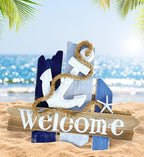 CoTa Global Atlantic Anchor Welcome Nautical Decor Sign - Nautical Themed Wood Sign, Beach Decor for Wall, Novelty White and Blue Starfish and Anchor Wooden Figure, Coastal Wall Decor Sign Accent