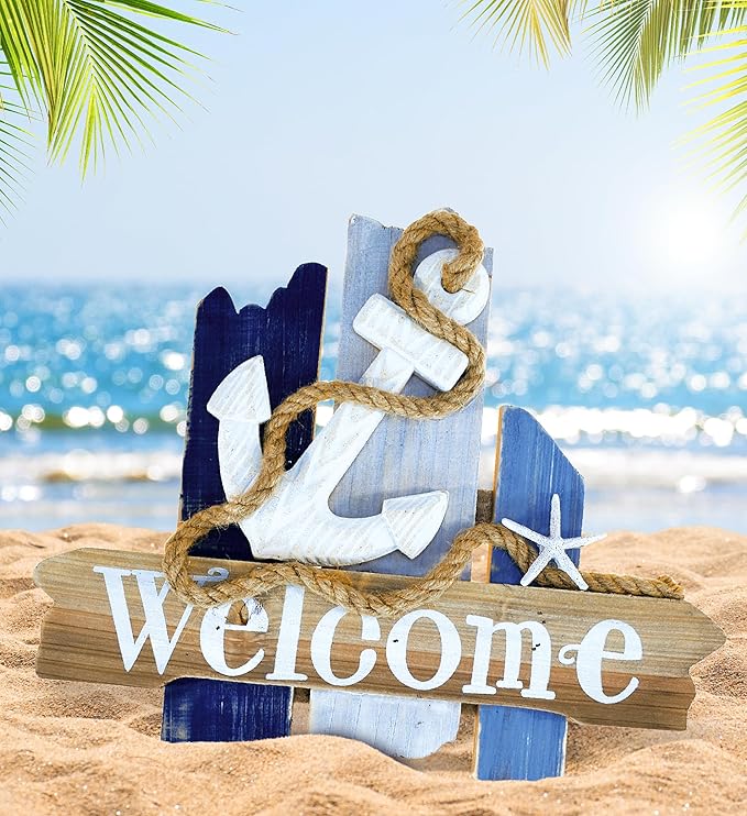 CoTa Global Atlantic Anchor Welcome Nautical Decor Sign - Nautical Themed Wood Sign, Beach Decor for Wall, Novelty White and Blue Starfish and Anchor Wooden Figure, Coastal Wall Decor Sign Accent