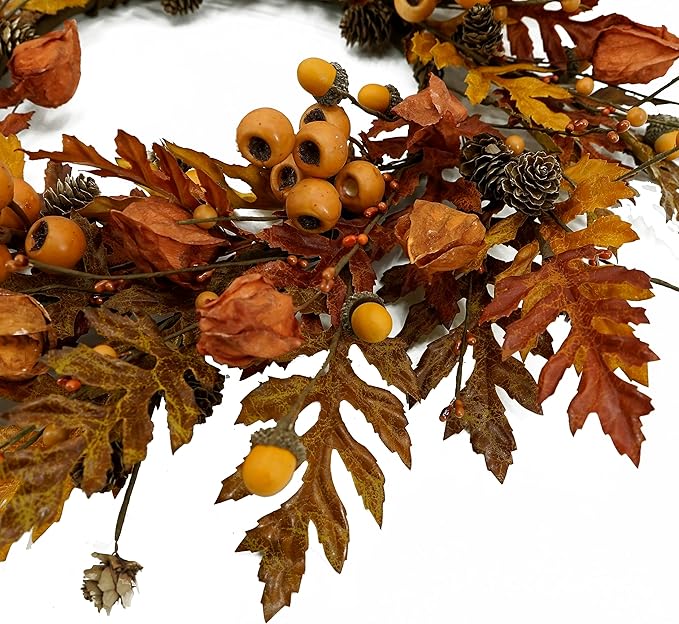 WreathDream 20 inch Fall Wreath Autumn Oak Leaves Wreath with Cape Gooseberry,Oak Leaf,Acorn,Berry,Pine Cone for Front Door Farmhouse Indoor Outdoor Festival Home Decor
