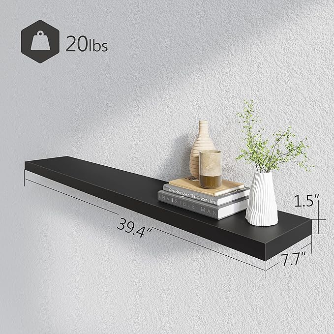 BAMEOS Floating Shelves,40 x 8 Floating Wall Shelves – Extra-Wide Display Shelf with Invisible Brackets, Set of 2 | Accent Décor Shelf for Bedroom, Living Room, Home Office & Salon Display Black