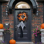 Sggvecsy Halloween Wreath with Artificial Pumpkin Handmade Black Maple Leave Skull Pumpkin Orange Berries 20''Front Door Decorations for Indoor Outdoor Home Halloween Festival Decoration