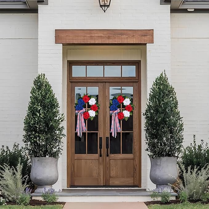 20 Inch Patriotic Front Door Wreath for July 4th Independence Day and Memorial Day, Artificial Red White Blue Hydrangea Wreath with USA Flag-Themed Long Bow