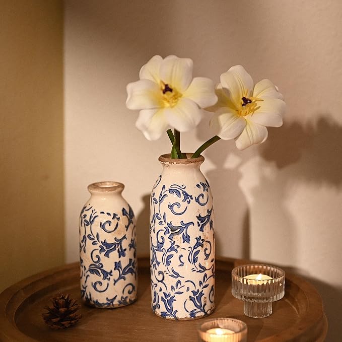 VICTOR & TERESA Blue and White Ceramic Vases Home Decor, Farmhouse Vase for Flowers, Flower Vase Set of 2, Rustic Decorative Vases for Pampas Grass, Table, Living Room, Shelf, Centerpieces, 8 inch