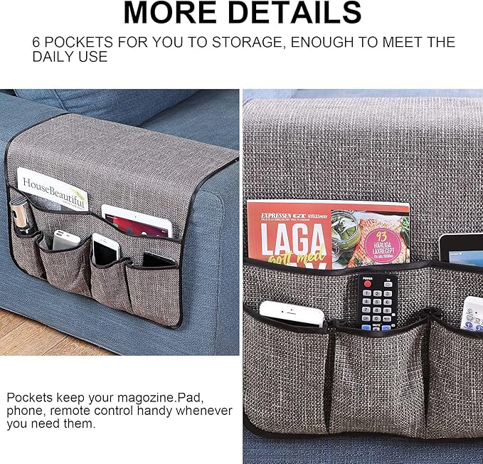 Sofa Armrest Organizer Non-Slip Remote Control Holders for Recliner Couch Chair Armchair Caddy with 5 Pockets for Table,Cell Phone,Ipad,Magazines,Books (Darkgrey, 19 x 35 Inch)