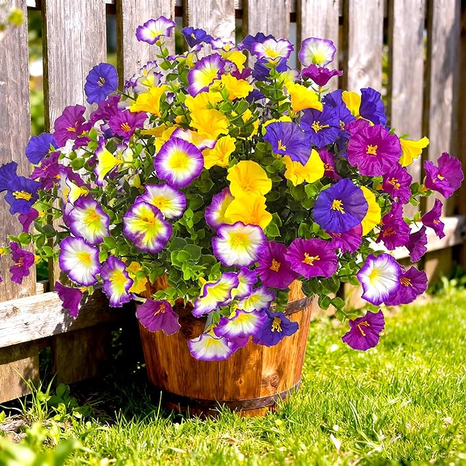 Artificial Faux Flowers for Outdoors, 12 Bundles Artificial Plants Outdoor UV Resistant, Fake Morning Glory Silk Flowers for Outside Planter Porch Patio Yard