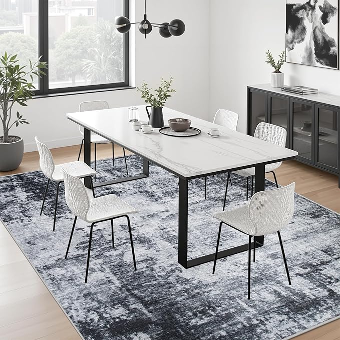 4x4 Area Rug Living Room Rug: Washable Modern Abstract Soft Thin Rug Indoor Floor No Slip Stain Resistant Carpet for Bedroom Dining Room Farmhouse Nursery Home Office - Dark Black
