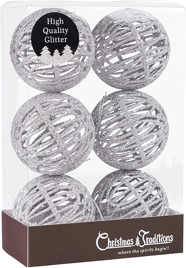 Christmas Traditions 4 inch Silver Glittered Rattan Ball Ornaments Hanging Tree Decorations (Set of 6)