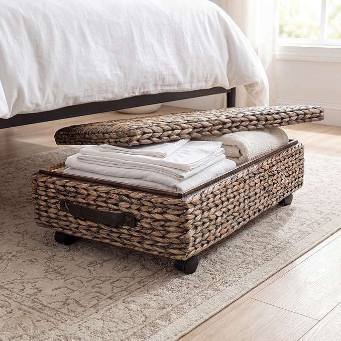 happimess BSK1006B 26.38" Chett Minimalist Hand-Woven Hyacinth/Wood Underbed Storage Bin with Wheels and Handles for Storage and Decoration in Bathroom, Bedroom,Closet,Entryway, Guest Room, Brown Wash